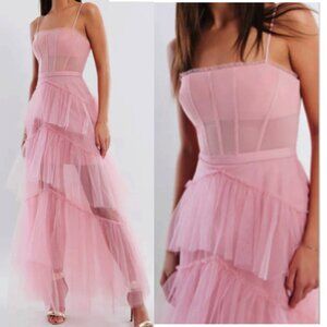NWT BCBG MAXAZRIA Oly Tiered Ruffle Tulle Evening Gown Dress Pink